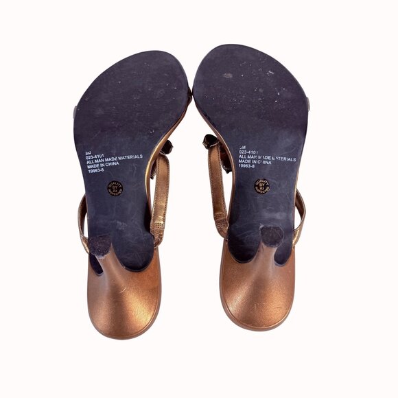 Bronze Strappy Sandals Peacock Rhinestone Accents Kitten Heels Size 8 By MixIt - Picture 3 of 14